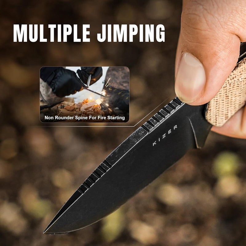KIZER Beaver Fixed Blade Knife with Sheath, 2.75" D2 Steel Blade EDC Fixed Blade Camping Knife with Brown Micarta and Black G10 Handle, Small Bushcraft Survival Hunting Knives for Men Women, 1078M2 - Image 3